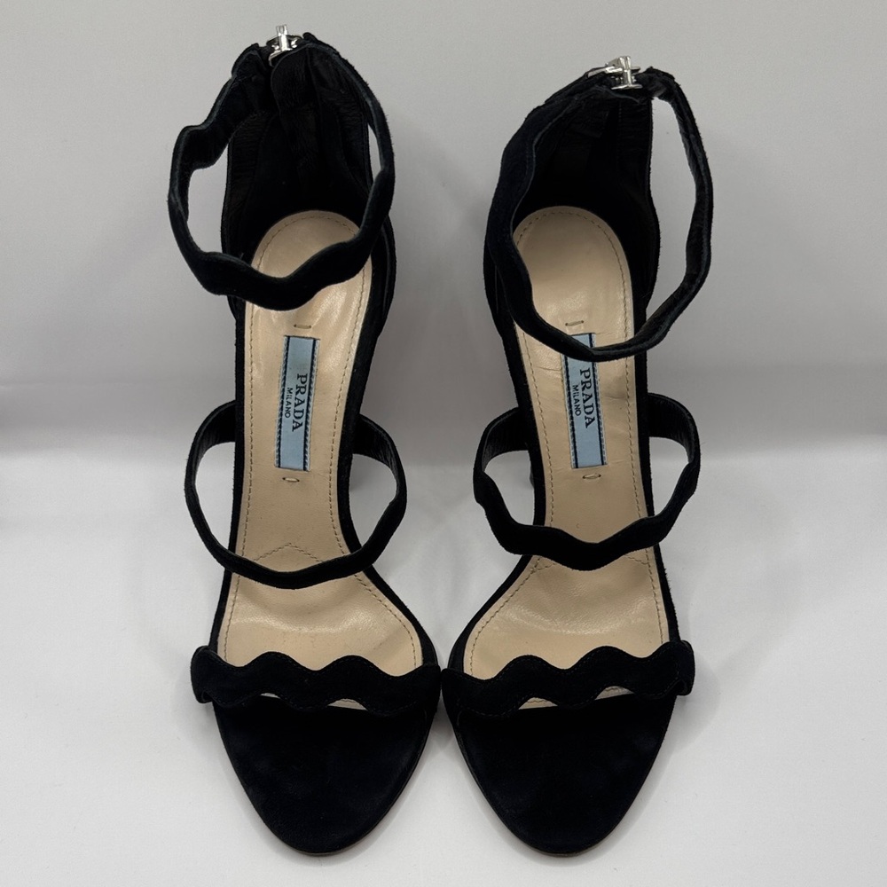 Prada Suede Black Italian Leather Wavy Strap Stiletto high Heels 5.5 US 35.5 EUR